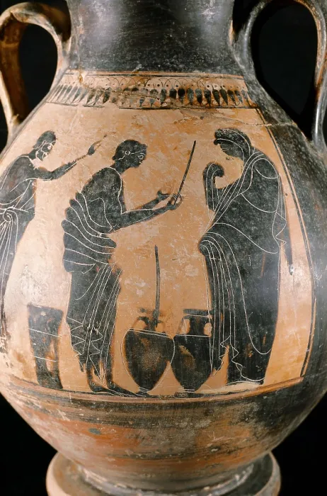 Framed Print : Black-figure ceramics with vendor of oil. Classical Greek art. Ceramics. AISA / Everett Collection**US SALES ONLY**