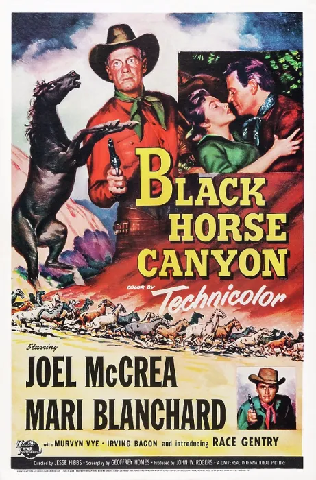 Framed Print : BLACK HORSE CANYON, US poster art, top right inset: Mari Blanchard, Joel McCrea; bottom right: Race Gentry, 1954