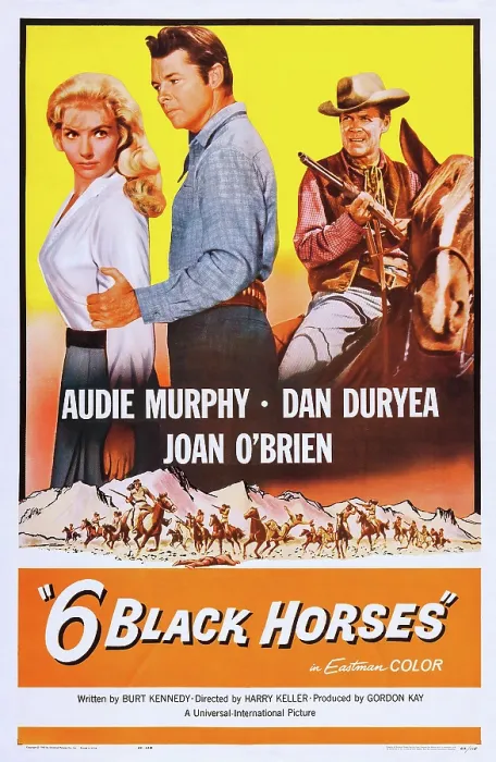 Framed Print : SIX BLACK HORSES, (aka 6 BLACK HORSES), US poster art, from left: Joan O'Brien, Audie Murphy, Dan Duryea, 1962