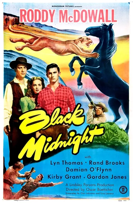 Framed Print : BLACK MIDNIGHT, US poster, middle from left: Damian O'Flynn, Lyn Thomas, Roddy McDowall, 1949