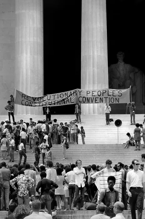 Framed Print : Black Panther convention, people gathered on the steps of the Lincoln Memorial with a banner for the People's Constitutional Convention, by Thomas J