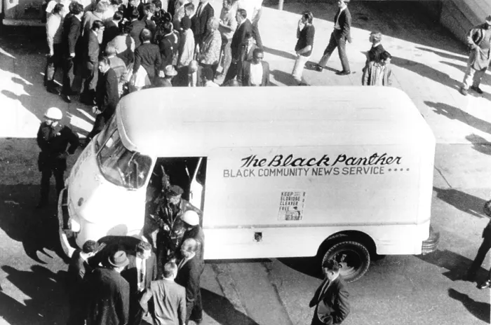 Framed Print : Black Panthers, three police officers were shot when they stopped this truck matching description of gas station holdup getaway vehicle. 11-19-1968, San Francisco, CA