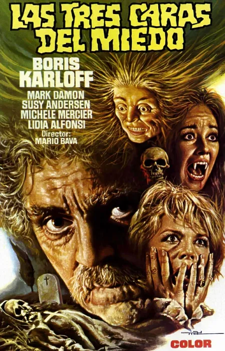 Framed Print : BLACK SABBATH, (aka LAS TRES CARAS DEL MIEDO), left: Boris Karloff on Spanish poster art, 1963 Framed Print : BLACK SABBATH, (aka LAS TRES CARAS DEL MIEDO), left: Boris Karloff on Spanish poster art, 1963
