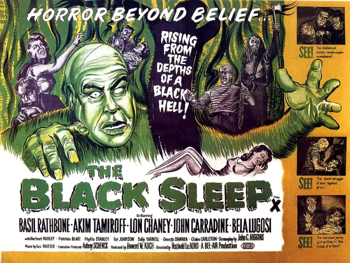 Framed Print : THE BLACK SLEEP, close-up on left: Tor Johnson; girl in foreground: Patricia Blair (aka Patricia Blake'); background from left: Bela Lugosi, Sally Yarnell