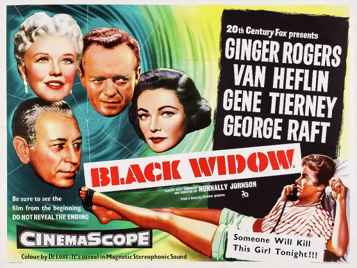 Framed Print : BLACK WIDOW, British poster art, from bottom left: George Raft, Ginger Rogers, Van Heflin, Gene Tierney, Peggy Ann Garner, 1954. TM & Copyright 20th Century Fox Film Corp Framed Print : BLACK WIDOW, British poster art, from bottom left: George Raft, Ginger Rogers, Van Heflin, Gene Tierney, Peggy Ann Garner, 1954. TM & Copyright 20th Century Fox Film Corp