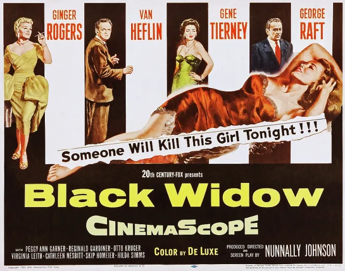 Framed Print : BLACK WIDOW, US lobbycard, Ginger Rogers, Van Heflin, Gene Tierney, George Raft, Peggy Ann Garner (front), 1954, TM & Copyright 20th Century Fox Film Corp