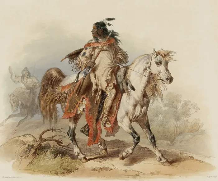 Framed Print : A Blackfoot Indian on horseback, is dressed in buckskins and armed with a rifle. Blackfoot Indians lived in the Northern Great Plains, in Montana, Idaho, and Alberta
