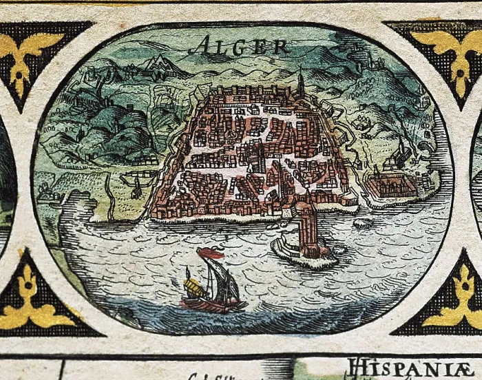 Framed Print : BLAEU, Willem Janszoon (1571-1638); BLAEU, Jan (1596-1673). Le Theatre du Monde (The World Theatre). 1645. Detail of the world map with the legend of America. Etching. SPAIN
