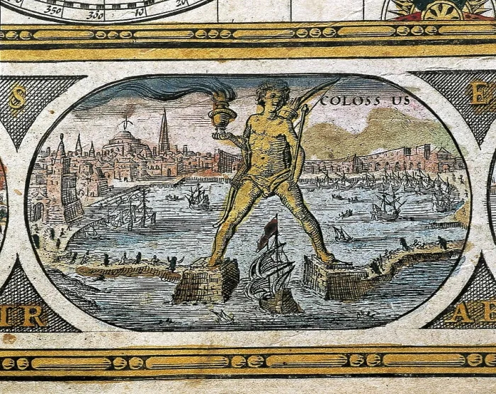 Framed Print : BLAEU, Willem Janszoon (1571-1638); BLAEU, Jan (1596-1673). Le Theatre du Monde (The World Theatre). 1645. Colossus of Rhodes, one of the Seven Wonders of the Ancient World