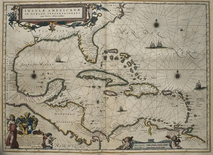 Framed Print : BLAEU, Willem Janszoon (1571-1638); BLAEU, Jan (1596-1673). Atlas Novus or Atlas Maior. 1635 - 1665. Insulae Americanae in Oceano Septentrionali cum Terris Adiacentibus'