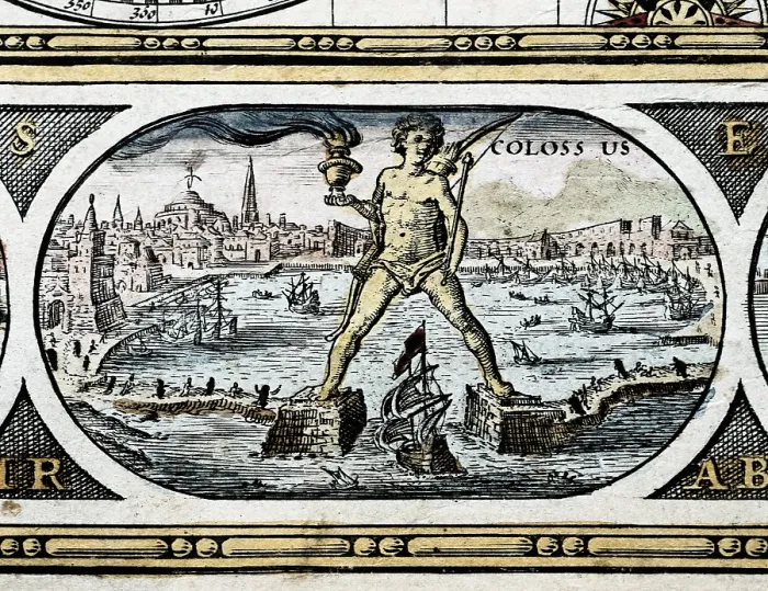 Framed Print : BLAEU, Willem Janszoon (1571-1638); BLAEU, Jan (1596-1673). Atlas Novus or Atlas Maior. 1635 - 1665. Colossus of Rhodes, one of the Seven Wonders of the Ancient World. Etching