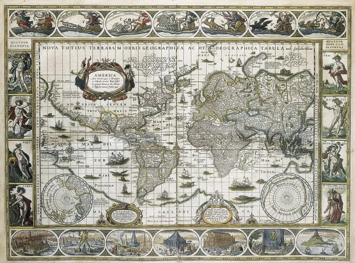 Framed Print : BLAEU, Willem Janszoon (1571-1638); BLAEU, Jan (1596-1673). Le Theatre du Monde (The World Theatre). 1645. Detail of the world map with the legend of America. Etching. SPAIN