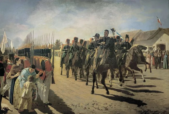 Framed Print : BLANES, Juan Manuel (1830-1901). The Review in Rancagua. 1872. General Bernardo O'Higgins reviews his troops. Oil on canvas. ARGENTINA. Buenos Aires