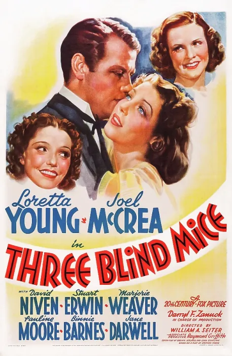 Framed Print : THREE BLIND MICE, from left: Marjorie Weaver, Joel McCrea, Loretta Young, Pauline Moore on poster art, 1938, TM and Copyright 20th Century Fox Film Corp