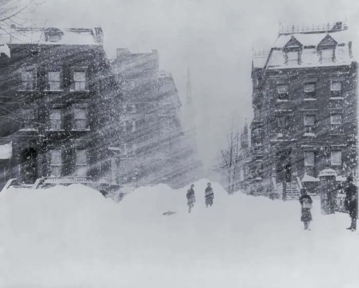 Framed Print : Blizzard of 1888 in New York City. Four people stand in the falling snow on recently plowed Fulton Street in Brooklyn. Photo by C.H. Jordan (BSLOC_2020_2_110)