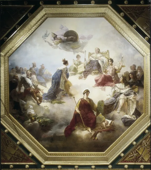 Framed Print : BLONDEL, Merry Joseph (1781-1853). France among Legislator Kings and French Legal Advisors Receiving from Louis XVIII the Charte Constitutionelle. 1827