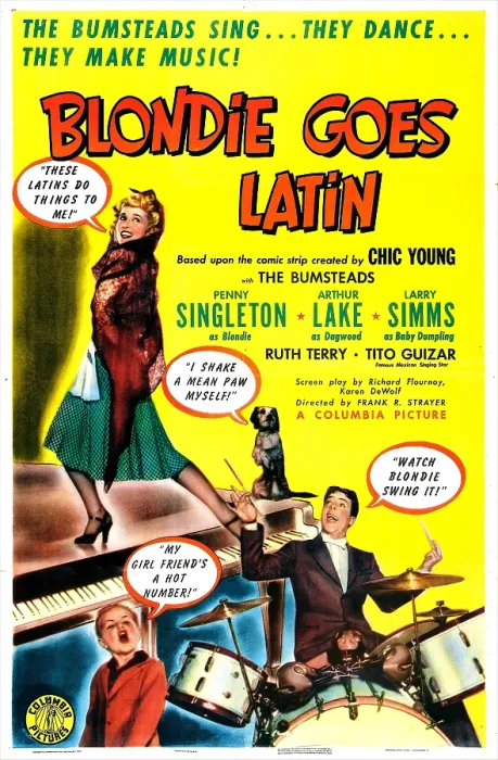 Framed Print : BLONDIE GOES LATIN, US poster, top left: Penny Singleton, bottom right: Arthur Lake, bottom left: Larry Simms, 1941