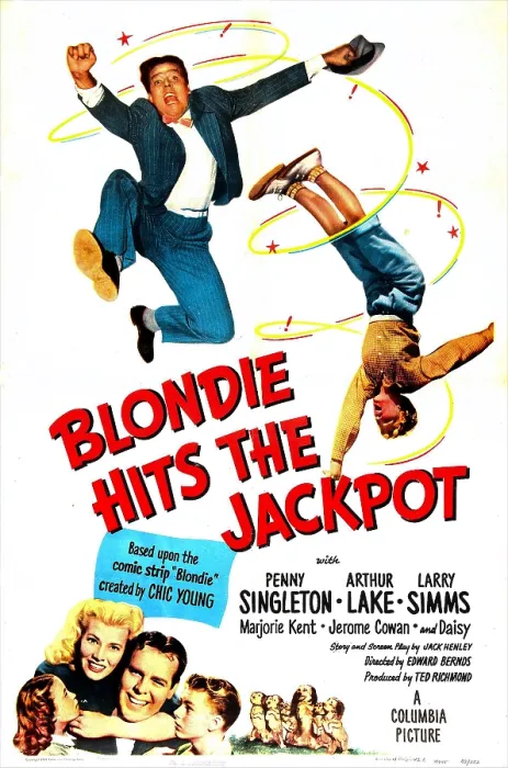 Framed Print : BLONDIE HITS THE JACKPOT, US poster, bottom from left: Marjorie Ann Mutchie (aka Marjorie Kent), Penny Singleton, Arthur Lake, Larry Simms, Daisy (4th dog from left), 1949 Framed Print : BLONDIE HITS THE JACKPOT, US poster, bottom from left: Marjorie Ann Mutchie (aka Marjorie Kent), Penny Singleton, Arthur Lake, Larry Simms, Daisy (4th dog from left), 1949