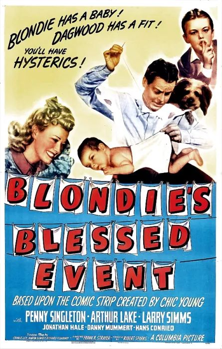 Framed Print : BLONDIE'S BLESSED EVENT, US poster, from left: Penny Singleton, Arthur Lake, Daisy, Larry Simms, 1942