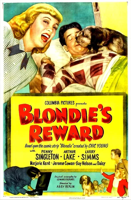 Framed Print : BLONDIE'S REWARD, US poster, from left: Penny Singleton, Arthur Lake, Daisy, bottom right from top: Larry Simms, Marjorie Kent (Marjorie Ann Mutchie), 1948