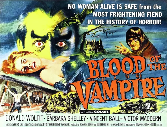 Framed Print : BLOOD OF THE VAMPIRE, girl on table: Barbara Shelley; man with staring eyes, top left: Donald Wolfit; upper right: Victor Maddern; half-sheet poster art, 1958 Framed Print : BLOOD OF THE VAMPIRE, girl on table: Barbara Shelley; man with staring eyes, top left: Donald Wolfit; upper right: Victor Maddern; half-sheet poster art, 1958