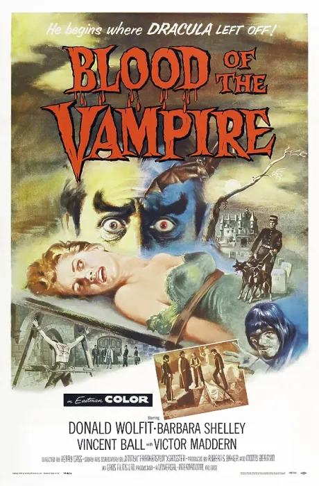 Framed Print : BLOOD OF THE VAMPIRE, woman on table: Barbara Shelley; man with staring eyes: Donald Wolfit; bottom right: Victor Maddern; 1-sheet poster art, 1958 Framed Print : BLOOD OF THE VAMPIRE, woman on table: Barbara Shelley; man with staring eyes: Donald Wolfit; bottom right: Victor Maddern; 1-sheet poster art, 1958