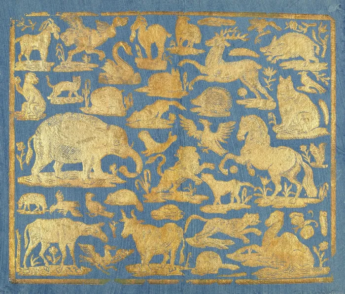 Framed Print : Blue brocade paper decorated with gold animals, c. 1750-1800. Leaf includes domesticated and wild mammals and birds (BSLOC_2016_2_147) Framed Print : Blue brocade paper decorated with gold animals, c. 1750-1800. Leaf includes domesticated and wild mammals and birds (BSLOC_2016_2_147)