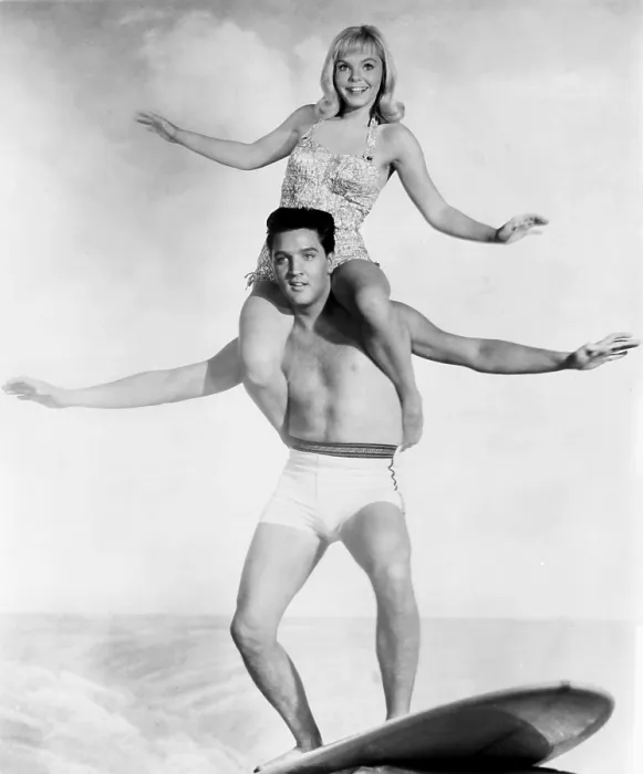 Framed Print : BLUE HAWAII, Jenny Maxwell, astride Elvis Presley, 1961