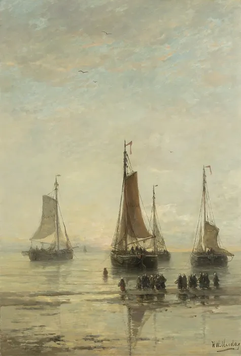 Framed Print : Bluff-Bowed Scheveningen Boats at Anchor, by Hendrik Willem Mesdag, 1860-89, Dutch oil painting on canvas
