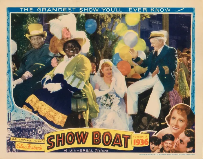 Framed Print : SHOW BOAT, lobbycard, top: Paul Robeson (top hat), Hattie McDaniel (feathered hat), Irene Dunne (center), Charles Winninger (right), bottom from left: Helen Morgan