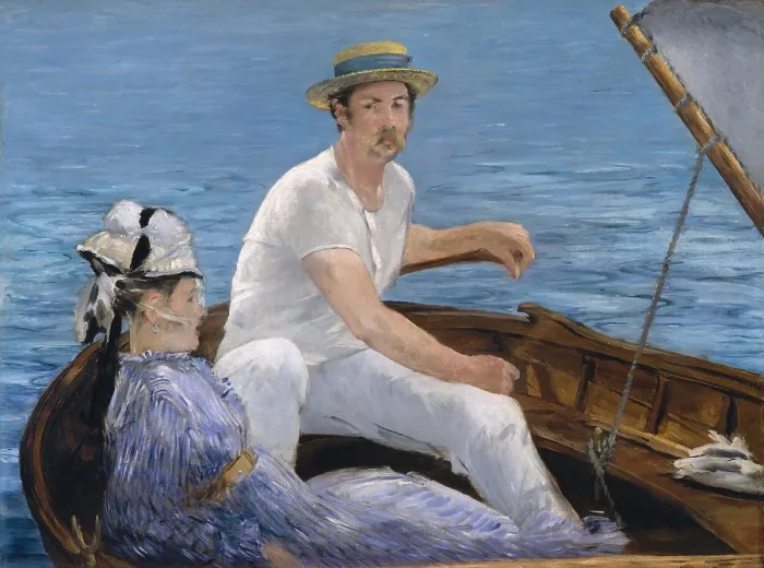 Framed Print : Boating, by Edouard Manet, 1874, French impressionist painting, oil on canvas. Manet uses large areas of flat color in a sunlight drenched outdoor scene (BSLOC_2017_3_14)