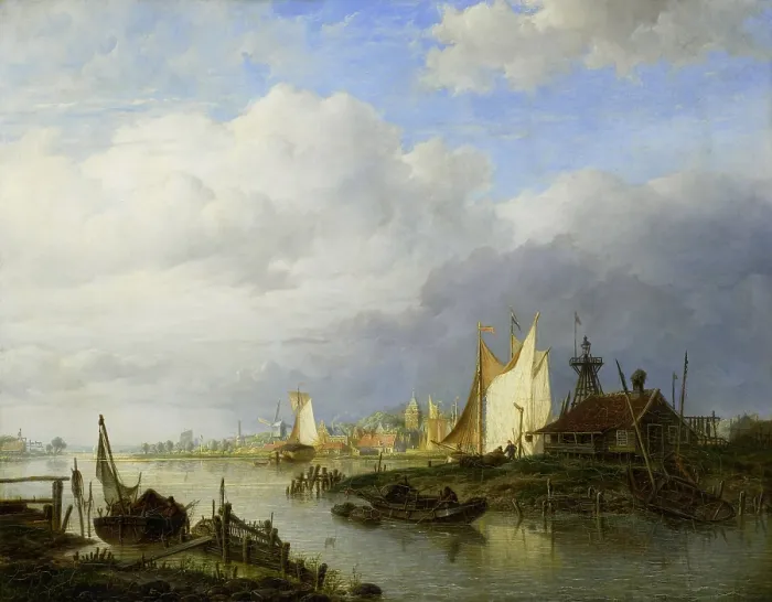 Framed Print : Boats on a River with a Beacon of Light, by Hendrik Vettewinkel, 1847, Dutch painting,  oil on panel (BSLOC_2016_1_97)