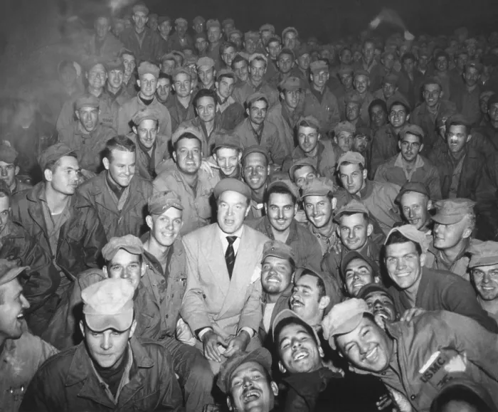 Framed Print : Bob Hope with a USO troupe in Womsan, Korea in Oct. 1950. When he arrived most of his X-Corps audience of U.S