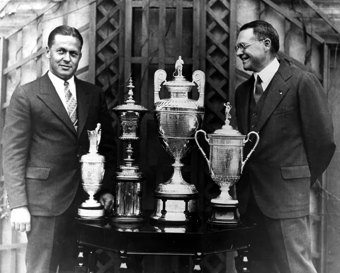 Framed Print : Bobby Jones and sports writer O.B. Keeler stand with Jones's trophies, October 1930. Courtesy: CSU Archives  /  Everett Collection
