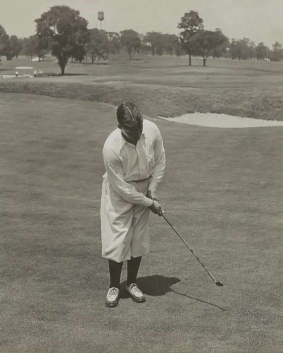 Framed Print : Bobby Jones, winner of 1929 National Open Golf Championship. He is sinking a putt with his famous putter, Calamity Jane'. - (BSLOC_2015_1_121)