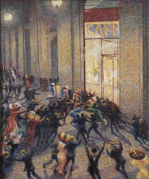 Framed Print : BOCCIONI, Umberto (1882-1916). Rissa in galleria (Riot at the Gallery). 1910. Scene of a riot in front of a cafe. Futurism. Oil on canvas. ITALY. Milan. Pinacotheca of Brera