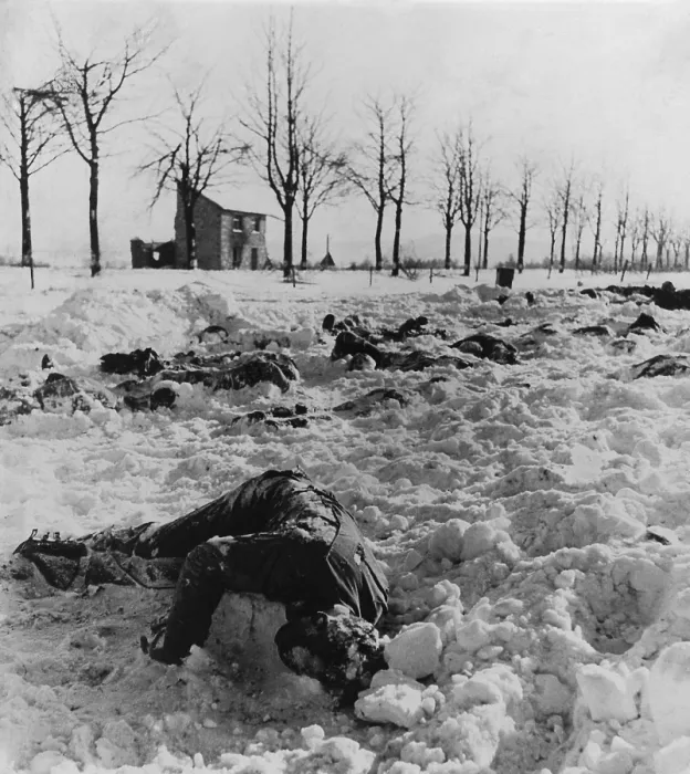 Framed Print : Bodies of U.S. soldiers slain by the Nazis after their surrender near Malmedy, Belgium. On Dec