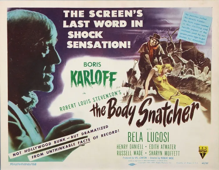 Framed Print : THE BODY SNATCHER, left and top right: Boris Karloff on title lobbycard, 1945