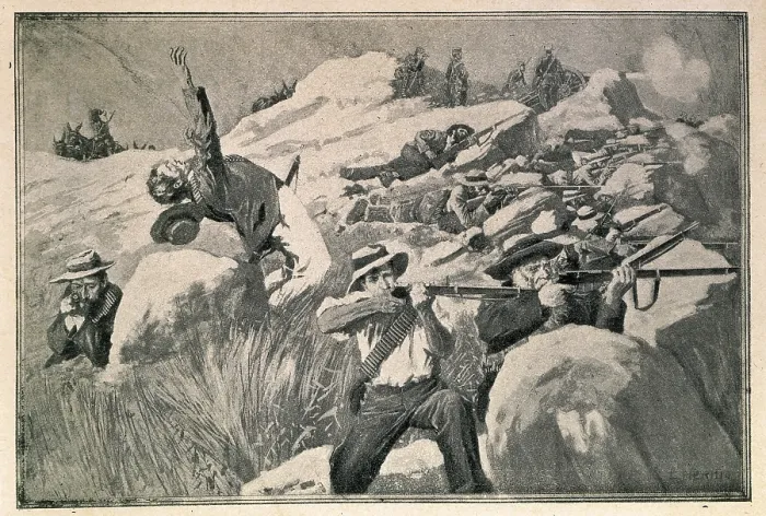 Framed Print : Boer guerrilla commando shooting against English infantry. Second Anglo-Boer War, 1899-1902. Illustration from 'Artistic Illustration'. Litography Framed Print : Boer guerrilla commando shooting against English infantry. Second Anglo-Boer War, 1899-1902. Illustration from 'Artistic Illustration'. Litography