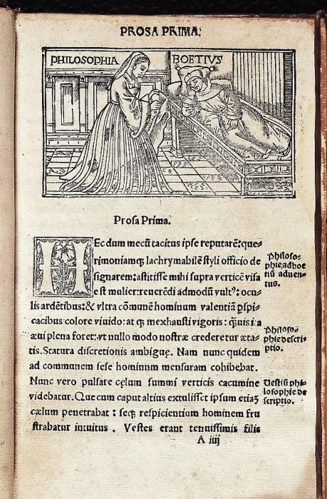 Framed Print : BOETHIUS, Anicius Manlius Severinus (480-524). Illustrated page from 'De Consolatione Philosophiae' treaty by Boethius. Representation of Boethius and the Philosophy