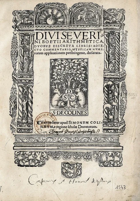 Framed Print : BOETHIUS, Anicius Manlius Severinus (480-524). Frontispiece of 'De Arithmetica' by Boethius. Edition of 1488. Engraving. FRANCE. Paris. National Library