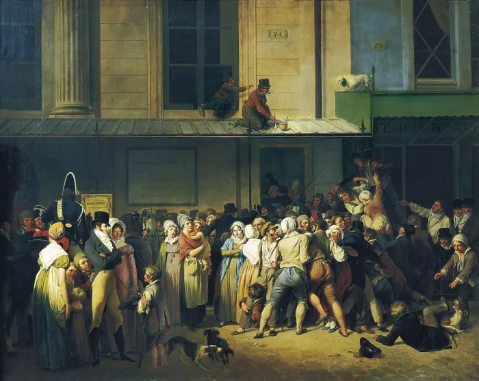Framed Print : BOILLY, Louis Leopold (1761-1845). The Entrance to the Theatre de l'Ambigu-Comique before a Free Performance. 1819. Neoclassicism. Oil on canvas. FRANCE. Paris. Louvre Museum