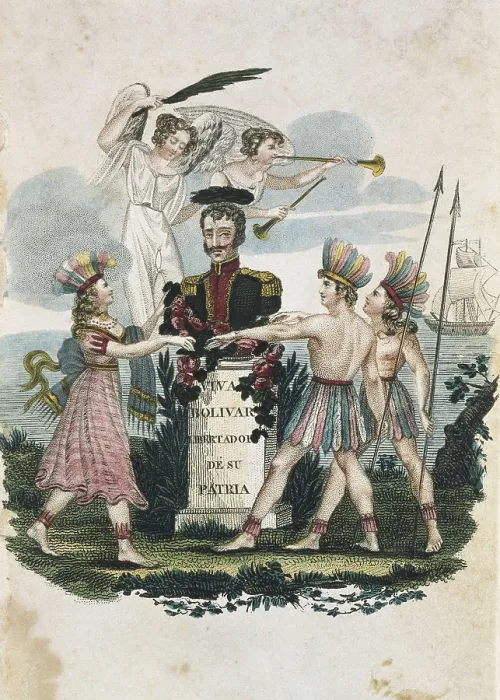 Framed Print : BOLIVAR, Simn (1783-1830). Bust of Simon Bolivar surrounded by angels and colonists. On the base there is an inscription: 'Simon Bolivar Liberator of his country' Framed Print : BOLIVAR, Simn (1783-1830). Bust of Simon Bolivar surrounded by angels and colonists. On the base there is an inscription: 'Simon Bolivar Liberator of his country'