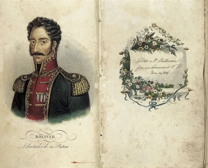 Framed Print : BOLIVAR, Simn (1783-1830). Portrait of Bolivar. Illustration of 'La Victoria de junin', song to Bolivar by J.J. Omedo