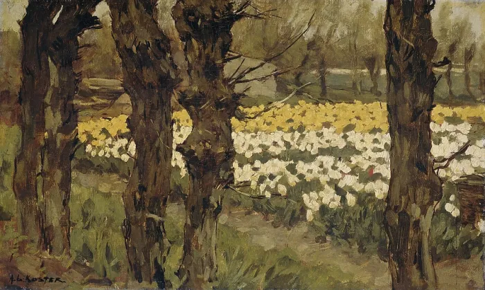 Framed Print : Bollenveldenn (Bulb Field), by Anton L. Koster, 1880-1937, Dutch painting, oil on panel. Field with blooming yellow and white tulips edged by tree rows. (BSLOC_2016_1_142)