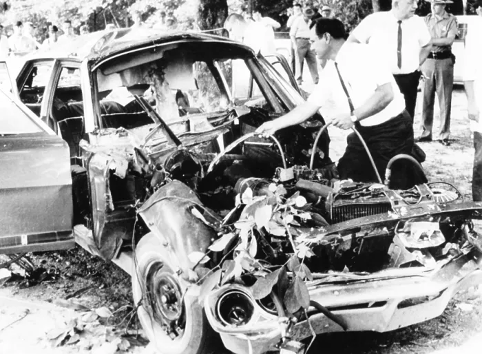 Framed Print : Bomb wrecked remains of car of Jackson County Solicitor, Floyd Hord, who was killed. Jefferson, Georgia, Aug. 7, 1967