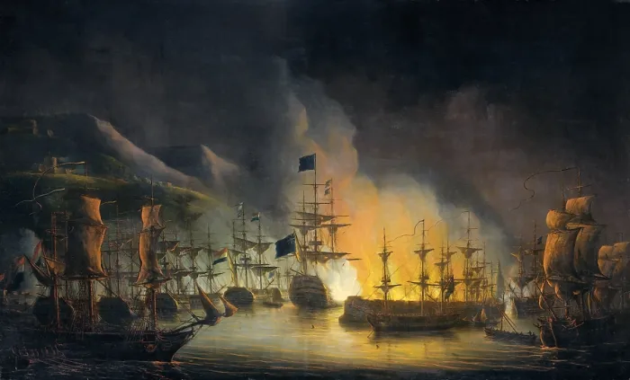 Framed Print : Bombardment of Algiers by the United Anglo-Dutch Naval Squadron, 1816, by Martinus Schouman, 1823, Dutch painting, oil on canvas