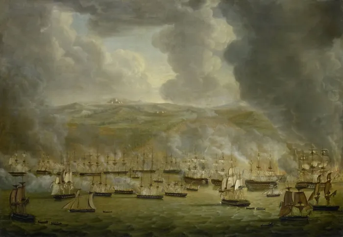 Framed Print : Bombardment of Algiers by the United Anglo-Dutch Naval Squadron, 1816, by Gerardus Keultjes, Dutch painting, oil on canvas. The shelling has caused fire in buildings on shore Framed Print : Bombardment of Algiers by the United Anglo-Dutch Naval Squadron, 1816, by Gerardus Keultjes, Dutch painting, oil on canvas. The shelling has caused fire in buildings on shore