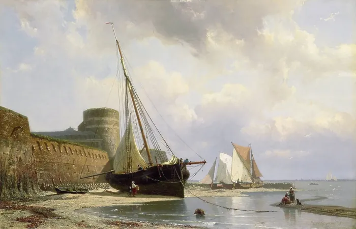 Framed Print : Bombproof Barracks in Flushing, by Johan Conrad Greive, c. 1860-70, Dutch painting, oil on panel. Sail boats are beached beside the fortress at low tide. (BSLOC_2016_1_233) Framed Print : Bombproof Barracks in Flushing, by Johan Conrad Greive, c. 1860-70, Dutch painting, oil on panel. Sail boats are beached beside the fortress at low tide. (BSLOC_2016_1_233)