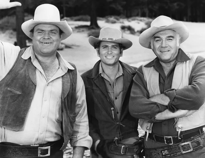 Framed Print : BONANZA, from left: Dan Blocker, Michael Landon, Lorne Greene, (ca. post 1965), 1959-1973